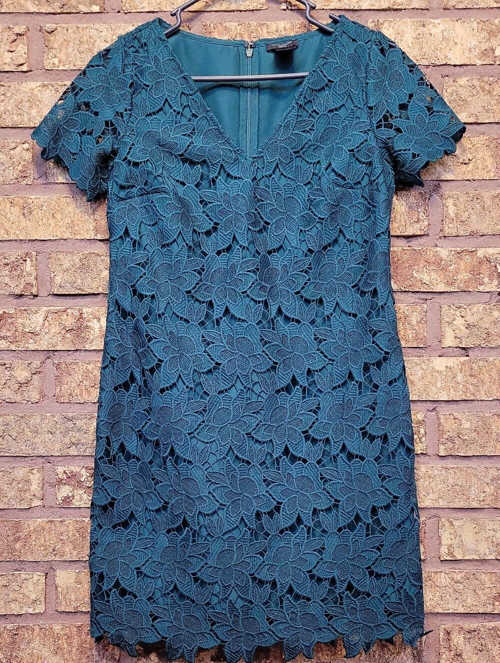 Ann Taylor Floral Lace V-Neck Mini Dress Size 0P Green Feminine Fall